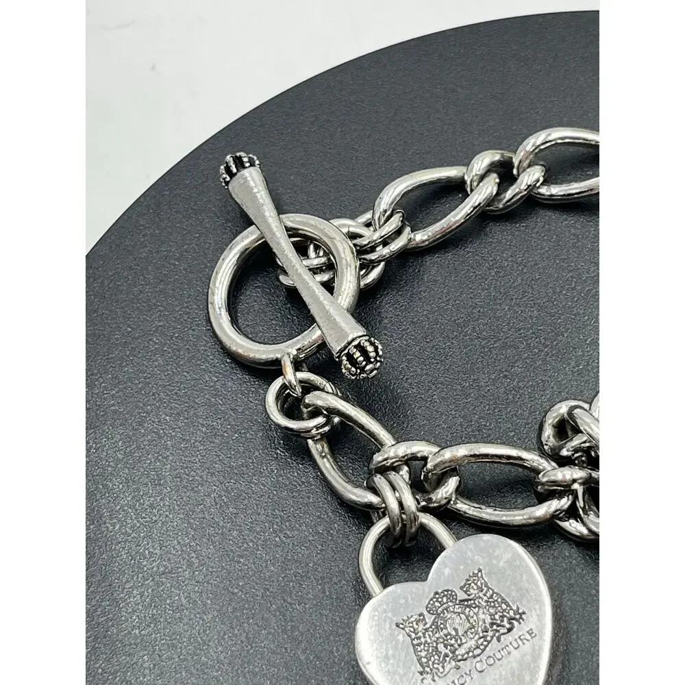Juicy Couture Vintage Silver Tone Chunky Toggle Heart Charm Starter Bracelet‎